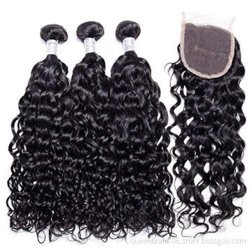 Human Hair Bundles With Closure Brazilian Water Wave Wet and Wavy Curly Weave Bundles with Closure 100% Unprocessed Remy Hair